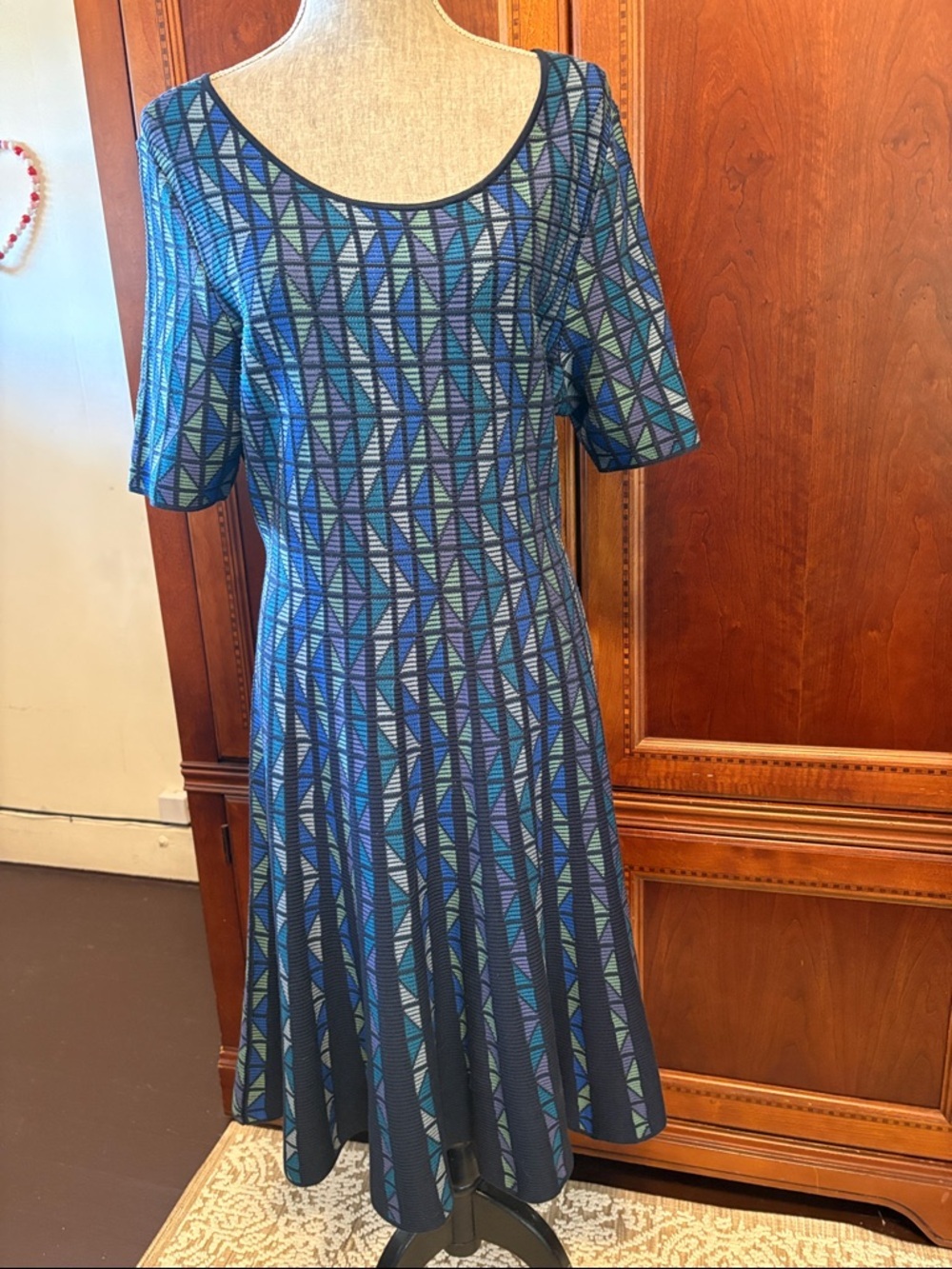 Peruvian Connection Blue Geometric Scoop-Neck Midi Dress
